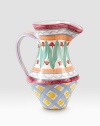 A handcrafted ceramic design inspired by a trip to a Dutch tulip market is individually painted by master ceramics artisans in an array blossoms and bold lines. For an especially one-of-a kind touch, each piece bears the hand-placed stamps of the artisans who created it. Dishwasher- and microwave-safe Six-ounce capacity 10H X 6¼ diam. Made in USA