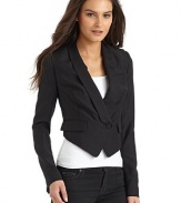 THE LOOKA classic waiter's jacket in fine wool gabardineShawl collarShoulder panelsSingle-button front with dartsOne breast pocketLong sleeves with tiny ventsWaiter-style pointed front hemFront pocket flapsFully linedTHE FITAbout 21 from shoulder to longest front hemAbout 15 from shoulder to hem in backTHE MATERIALWoolCARE & ORIGINDry cleanImported