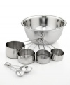 Avoid a great mix-up! Including a mixing bowl & essential measuring cups & spoons, this set of dishwasher-safe kitchen classics simplifies prep & guarantees a precision approach to each & every recipe. Plus, each stainless steel piece adds a refined elegance to the busiest space in your house. Limited lifetime warranty.