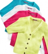 Cozy and comfy in a chunky cotton knit. Dress her up in a pop-bright cardigan from Epic Threads.