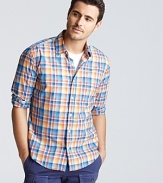 Sunny complementary colors in plaid--this classic fit sport shirt brings your monotonal layering pieces to life.