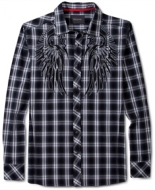 Handsome plaid shirt by Ring of Fire with uniquely attractive design on front.