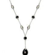 Adorn your neckline with an elegant Y. Pear and round-cut onyx gemstones (6-3/8 ct. t.w.) and marquise-shaped silver beads adorn this delicate sterling silver necklace. Approximate length: 18 inches. Approximate drop: 1-3/4 inches.