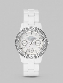 A bezel of sparkling crystals lends glamour to this sturdy, stylish timepiece.Quartz movement Water resistant to 5ATM Stainless steel case, 33mm (1.29) White dial Crystal hour markers Three chronograph sub dials Date display Second hand Acetate link bracelet Imported