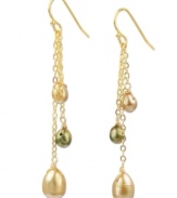 Natural resplendence. Polished cultured freshwater pearls (4-9 mm) in natural and green hues dangle delicately on these 18k gold over sterling silver earrings. Approximate drop: 2 inches.