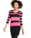 Get right in stripes in Pink Rose's bold and comfy three-quarter sleeve sweater dress!