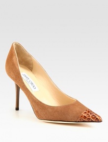 Lady-like silhouette of rich suede with a crocodile-embossed leather point toe. Lacquered heel, 3½ (90mm)Suede upper with crocodile-embossed leather point toePoint toeLeather lining and solePadded insoleMade in ItalyOUR FIT MODEL RECOMMENDS ordering one half size up as this style runs small. 