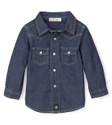 A classic button-down shirt in perennial chambray denim from Pearls & Popcorn.