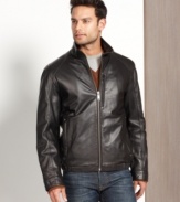 Keep your look light and luxe with this smooth leather bomber jacket from Marc New York.