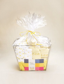 Lots and lots of little quackers appear all over this set of great essentials for baby. Packaged in reusable cellophane-wrapped metal and vinyl basket.