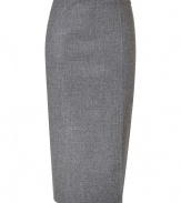 Luxe skirt in fine grey wool - Elegant, on-trend midi silhouette hits mid-calf - Slim cut, with sexy, high side slit and back zip - A polished, feminine look for the office and after work - Pair with cashmere pullovers, silk blouses and cropped leather jackets - Style with pumps and high heel boots