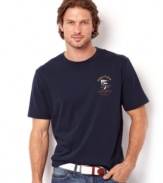 You ship has come in. This regatta graphic t-shirt from Nautica helps you navigate casual waters.