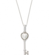 The key to romance. This adorable heart-shaped key pendant features a shimmery Mother of Pearl heart (7 mm) and sparkling diamond accents. Set in sterling silver. Approximate length: 18 inches. Approximate drop length: 1-1/4 inches. Approximate drop width: 1/4 inch.