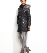 Cute diamond-pattern quilting and faux fur trim give GUESS' puffer coat a luxe look. Wear it with the zip-off hood on extra-cold days!