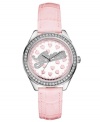 A playful timepiece from GUESS with feminine crystal accents and pink hearts.