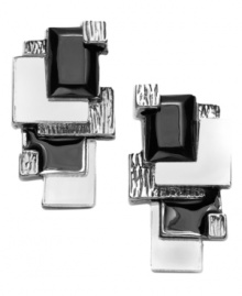 It's hip to be square. Bar III's geometrically-chic cluster earrings feature polished and textured squares overlapping one another. Crafted in burnished silver-plated mixed metal with black enamel and acrylic accents. Approximate drop: 1-1/4 inches.