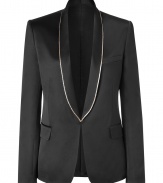 Luxurious tuxedo blazer in black silk - A highlight jacket from the Balmain catwalk - Deep lapels with gold contrast piping - Loose, softly draping silk, lightly constructed silhouette - Discreet hook closure - Long, narrow sleeves - On the one hand classical, on the other a fashion statement (which you can nevertheless wear forever) - With: trousers in the new jewel tones, jeans or a silk blouse