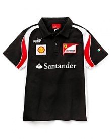 Italian racing team polo with flag applique, sponsorship logos and contoured stripes along the short sleeves.