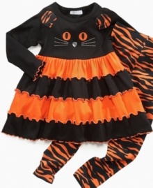 A sweet style that goes bump in the night, she'll love this cute Halloween set from Bonnie Jean, with a kitty dress and matching leggings.