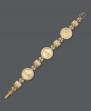 Embrace your love of vintage coins in this unique style. a 14k gold bracelet features intricate scroll and square links and highlights three antique-inspired coins. Approximate length: 7-1/4 inches.