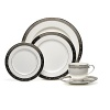 Romance brunch plate by Lauren by Ralph Lauren Home. Inspired by tooled silver buckles, this striking collection offers classic forms with a surprising twist as the graceful lines dance on rich platinum and accents of turquoise are featured.