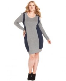 Streamline your shape with DKNY Jeans' long sleeve plus size dress, featuring a flattering colorblocked design.