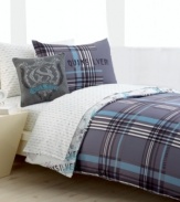 Cool comfort. Shades of gray, black and blue combine for a laid-back look with an urban edge, two ways! The reversible duvet cover and shams feature a modern plaid pattern on one side and a graphic print on the reverse, both accented with the Quiksilver name.