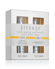 Team up the protective benefits of Prevage Face with Prevage Day to fight aging signs and diminish the appearance of existing sun damage, fine lines, wrinkles and discolorations as you firm and brighten the look of your skin.Prevage Face Advanced Anti-Aging Serum by Elizabeth Arden, 1 ozThe best-selling anti-aging formula with antioxidant Idebenone takes anti-aging skin care to a new level of performance and innovation with Prevage Face Advanced Anti-Aging Serum.Prevage Day Ultra Protection Anti-Aging Moisturizer SPF 30 by Elizabeth Arden, 1 ozPrevage Day Ultra Protection Anti-Aging Moisturizer SPF 30 offers intensive moisture, serious protection, plus the high performance Prevage Anti-Aging Treatment benefits. Limited quantities. Available while supplies last.