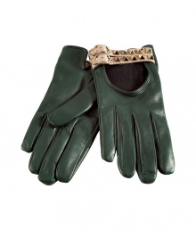 Ladylike luxe meets edgy elegance with Valentinos ultra-chic green  driving gloves - Artfully crafted from sumptuously supple leather and punctuated with two rows of gold-tone studs - Classically slim, second-skin fit - Cut out detail and adjustable buckle closure - Pair with a moto jacket and pencil skirt, jeans and a poncho or slim trousers and a trench