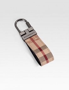 Slim, modern design in iconic check printed leather with logo engraved metal accent.Leather1 x 3Made in Italy