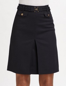 Nautical chic defined in a stretch wool twill A-line style with a braided belt and anchor-embossed button pockets.Wide waistband with belt loops Braided buckle belt Inverted center front pleat Back zipper About 20 long 95% wool/5% spandex; dry clean Imported