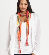 A tranquil print with braided, tassel details.Silk42 X 42Dry cleanImported