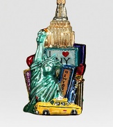 New York City is aglow with lights as the sun sets on this artful glass ornament. About 5 1/2H 4W Made in Poland