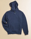 A classic hoodie is updated in dyed indigo fleece for a cool look.Attached hoodLong sleevesPullover styleRibbed cuffs and hemKangaroo pocket78% cotton/22% polyesterMachine washImported