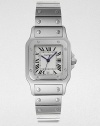 From the Santos de Cartier Collection. A modern rendition of one of the first ever wrist watches, this stainless steel timepiece is highly functional with an elegant and casual look. Quartz movementWater resistant to 3 ATMRectangular stainless steel case, 41.3mm (1.6) X 31.6mm (1.2)Screw accented bezelSilver grained dialRoman numeral hour markersDate display at 6 o'clockSecond hand Stainless steel link braceletMade in Switzerland 