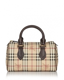 Printed coated canvas satchel with leather trim double handles. Top zip closure. Inside zip pocket. Lined.