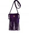 A cascading fringe trim injects trend-right appeal to this bohemian-inspired suede crossbody bag from Ralph Lauren Collection - Small square shape, front flap with decorative gold-tone button, long braided shoulder strap, long fringe trim, embossed logo tag - Pair with a billowy tunic, slim flared jeans, and a floppy hat