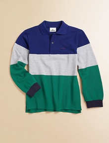 A wide striped pattern updates the classic pique polo with logo chest appliqué for your mini-me's handsome style.Shirt collarLong sleeves with ribbed cuffsButton-frontSide-vented hemCottonMachine washImported Please note: Number of buttons may vary depending on size ordered. 