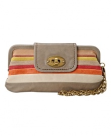 Add a pop (or rather stripe) of color with this frame clutch by Fossil for downtown-chic appeal. A detachable chain wrist strap and aged goldtone turnlock front add a vintage-inspired twist to this lovely look.