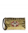 Add luxe appeal to any look with this edgy-cool croc-embossed clutch from Etro - Classic envelope shape, front flap with turn-lock closure with brass-tone and crystal embellishment, small side handle, croc-embossed leather - Pair with a cocktail sheath or wide leg trousers and a sheer blouse