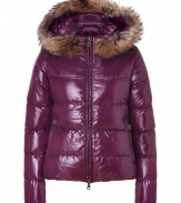 Stay warm while maintaining your impeccable style in this lightweight yet luxe down jacket from Duvetica - Fur-lined hood, front two-way zip closure, long sleeves, zip pockets, quilted - Wear with an elevated jeans-and-tee ensemble and shearling lined boots