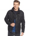 Style that doesn't get washed out. This coated jacket from Calvin Klein looks the part of major player.