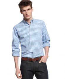 Roll up your sleeves, this breezy plaid shirt is a perfect way to dig deeper into a preppy style.