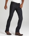 Sleek, slim fit jean in deep selvege denim, with a clean crisp wash.