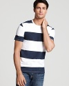 A nautical sensibility informs this sleek tee from Vince, printed with extra wide stripes and contrast crewneck.