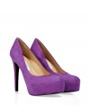 Vibrant, stylish pumps in violet suede bring some fun to your closet - Stylish platform and high stiletto heel is super-sexy and surprisingly comfortable - Creates a look of long legs and small, narrow feet - Pair with an understated dress that wont overshadow the shoe, or with skinny jeans and a brightly-patterned pink blouse and blazer