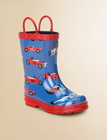 He'll love stomping in puddles when he pulls on these adorable rubber boots with a soft jersey lining, vintage car design and handles for easy on and off.Rubber upperCotton liningRubber soleImported