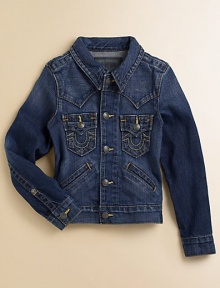 Authentic Western styled jean jacket, updated with contrast stitching and vintage nickel-finished rivets. Shirt collarLong sleevesButton frontFlap pocketsSlash pocketsAdjustable waistCottonMachine washImported of American fabric Please note: Number of buttons may vary depending on size ordered. 