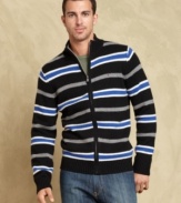 Stripes add attention grabbing detail to this classic full zip sweater from Tommy Hilfiger.