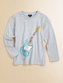 You already know he's a rock star--show the world in this comfy cotton tee finished with a colorful electric guitar motif.Ribbed crewneckLong sleeves74% cotton/26% polyesterMachine washImported of French fabric